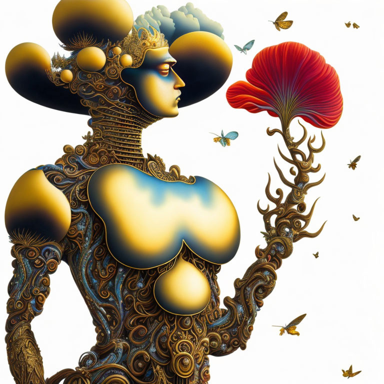 Surreal humanoid figure with elaborate headgear, butterflies, and mushroom structure