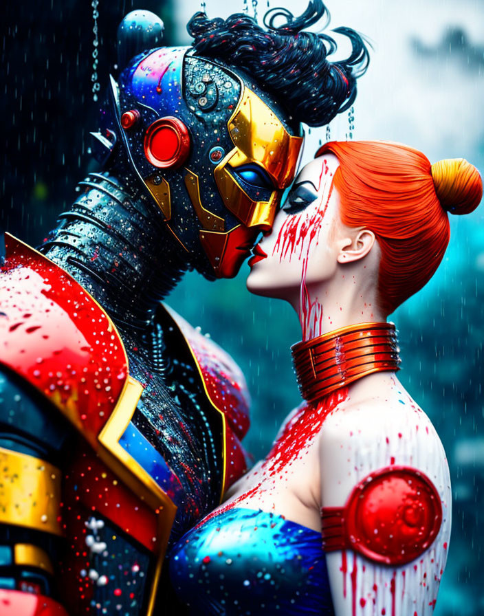 Futuristic cyborg and woman in colorful rain scene