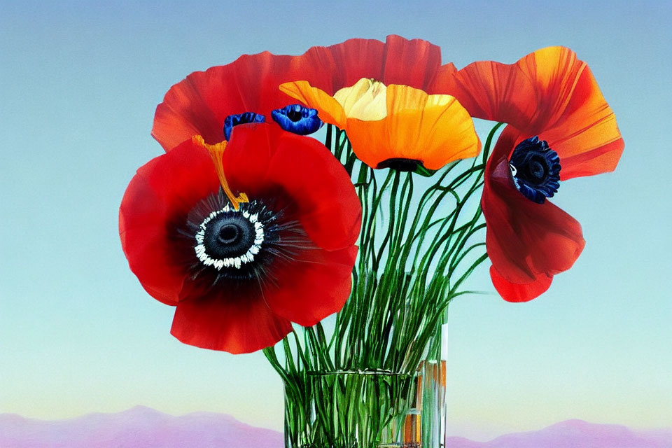 Colorful Poppy and Blue Flower Bouquet in Glass Vase on Gradient Sky Background