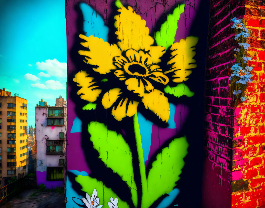 Colorful graffiti of yellow flower on urban wall with city buildings and blue sky