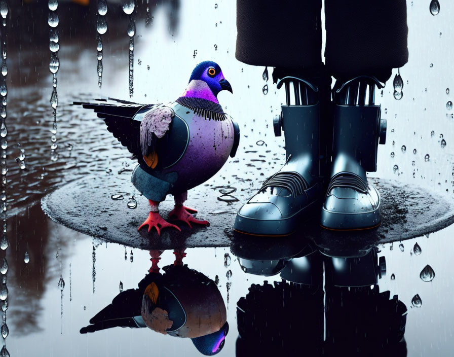 Pigeon and person with shiny black boots reflected in wet surface