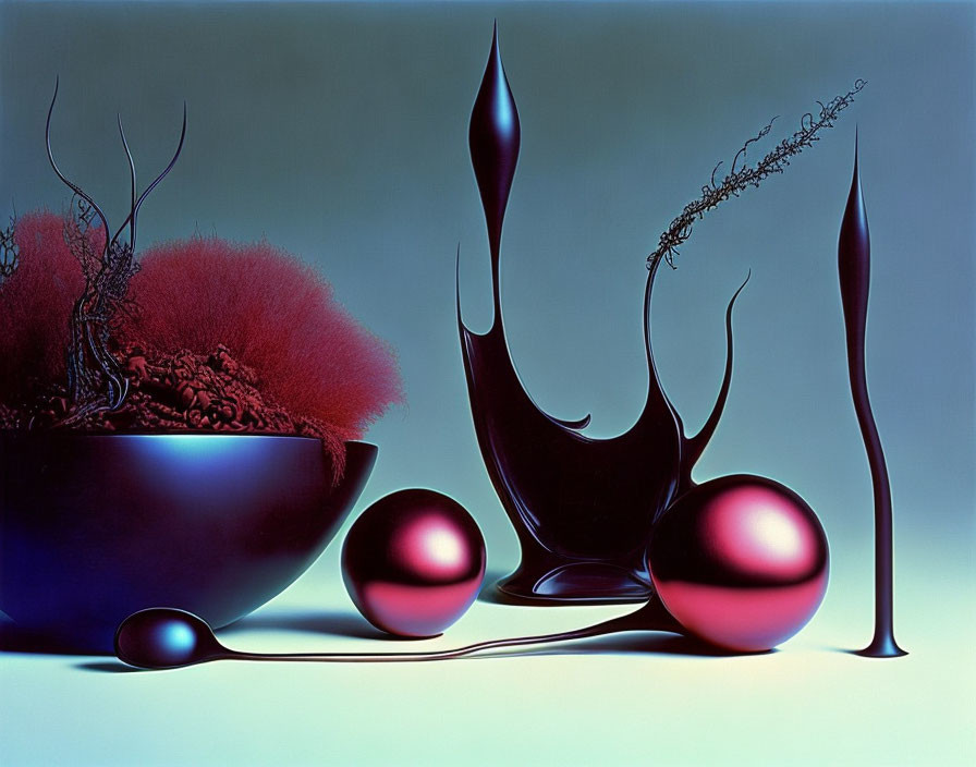 Red Spherical Objects and Fluidic Shapes Still Life Composition