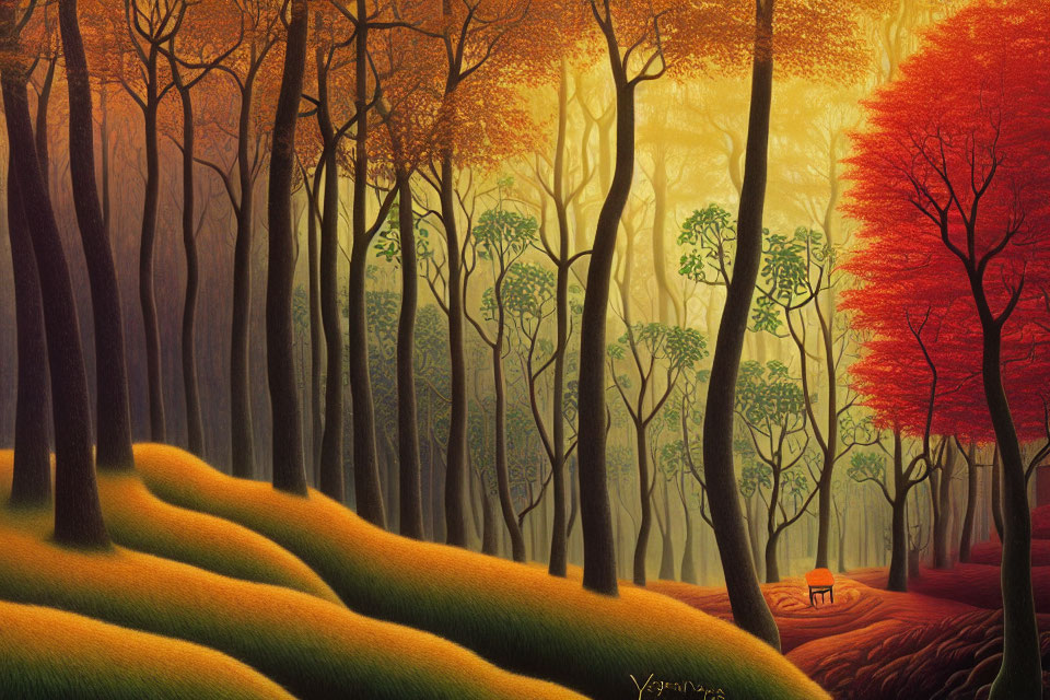Autumn forest painting with green and orange trees