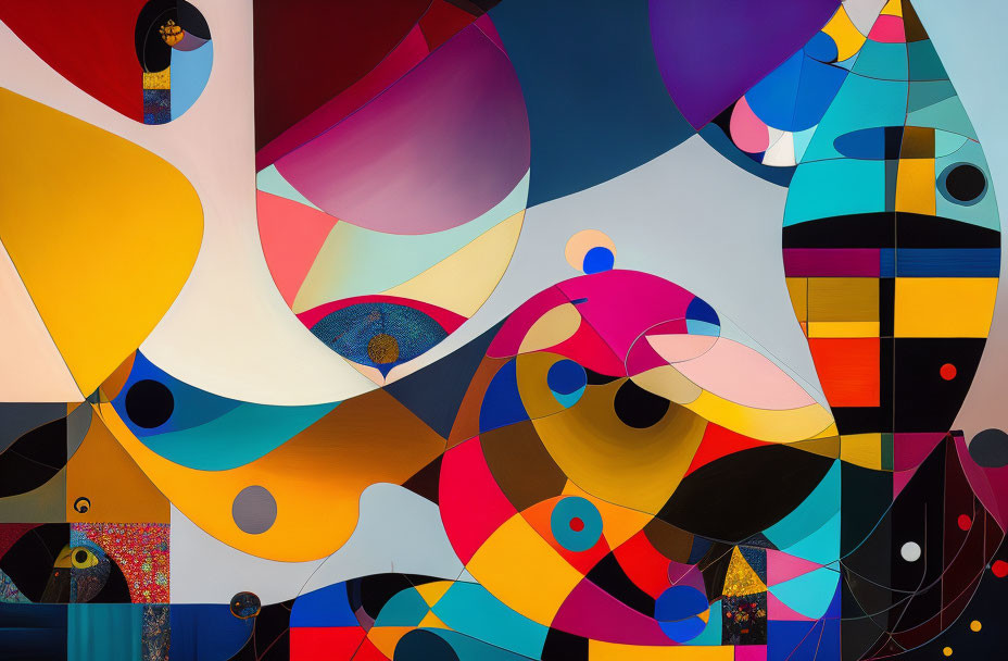 Colorful Abstract Painting with Interlocking Shapes and Patterns