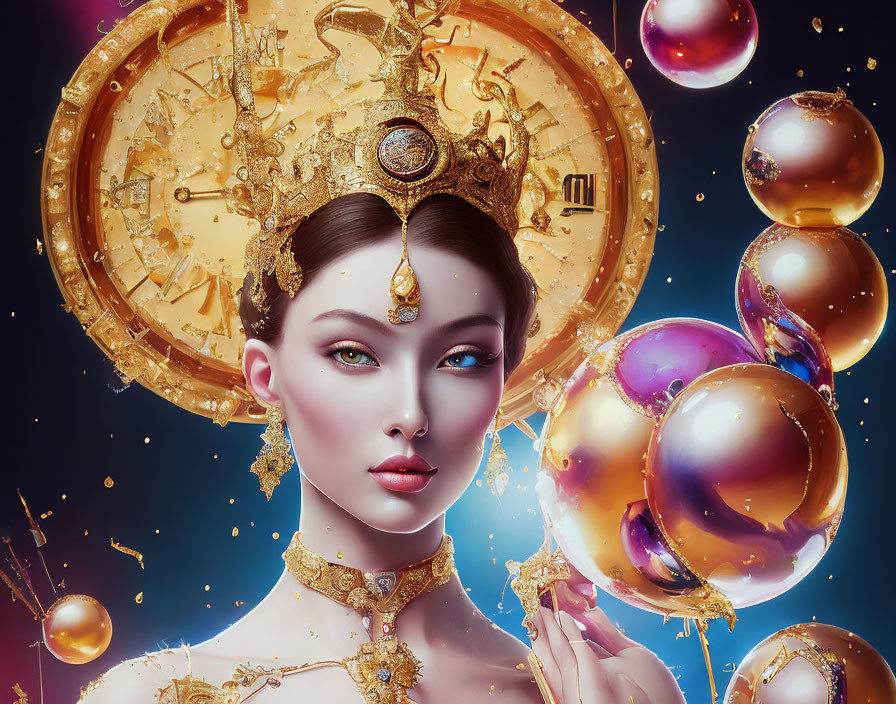 Elaborate digital artwork of woman in golden headgear with multicolored bubbles