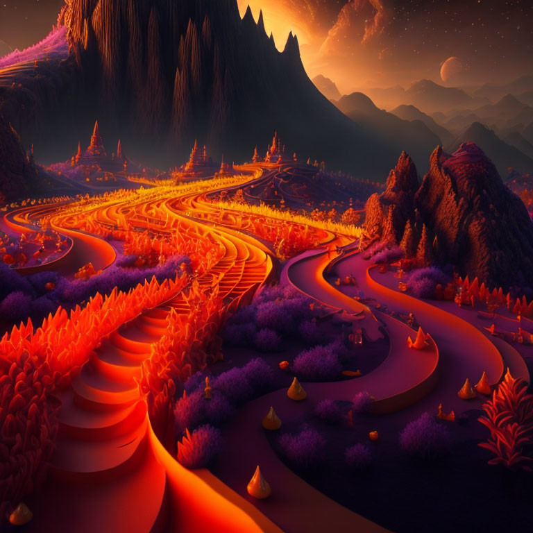 Fantasy landscape with glowing orange paths, purple foliage, twilight sky, mountains, and moons