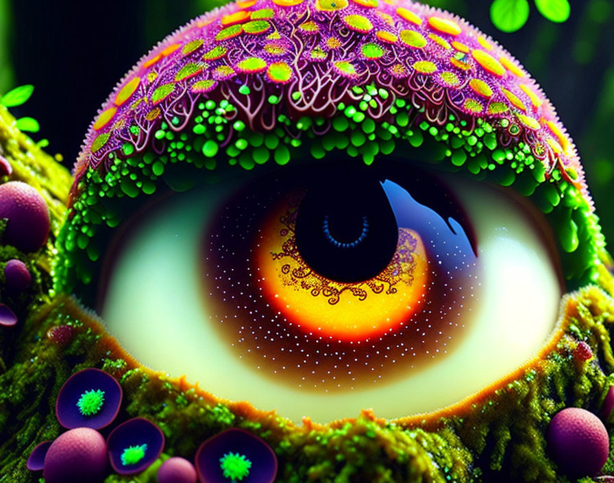 Colorful digital illustration of whimsical eye with fantastical elements