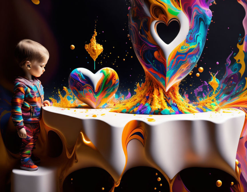 Child in Colorful Outfit Observing Vibrant Liquid Hearts Explosion