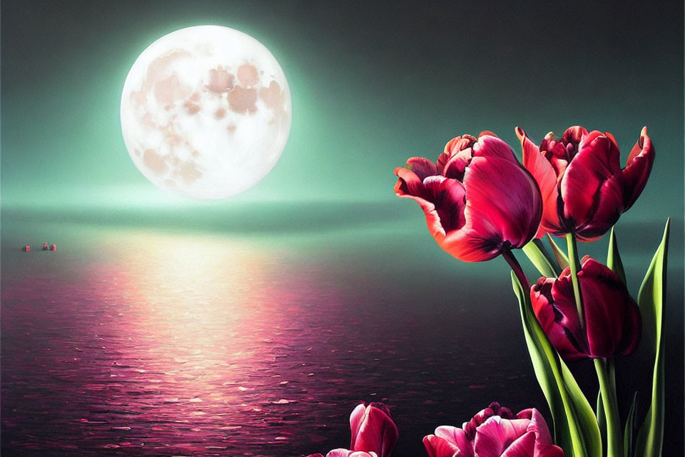Full Moon Reflecting on Tranquil Sea with Red Tulips and Green Sky