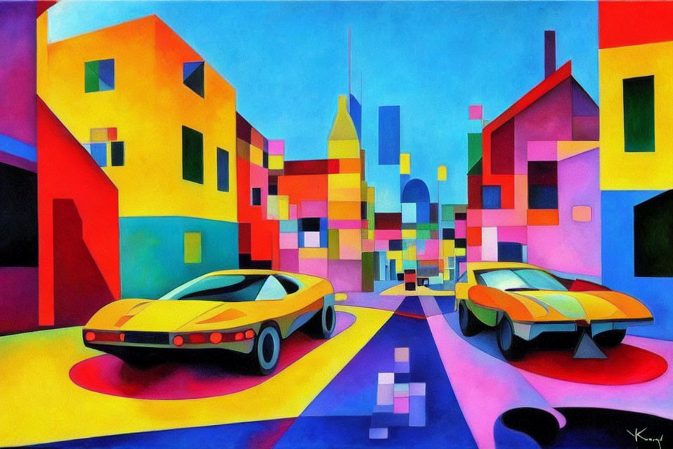 Colorful Abstract Painting of Two Sports Cars on Street with Exaggerated Perspective and Brightly Colored