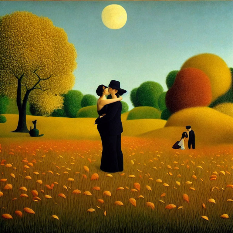 Whimsical field with embracing couple under large moon