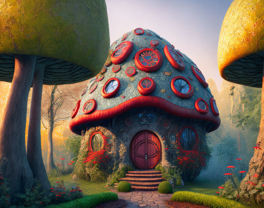 Whimsical Mushroom House in Magical Forest Clearing