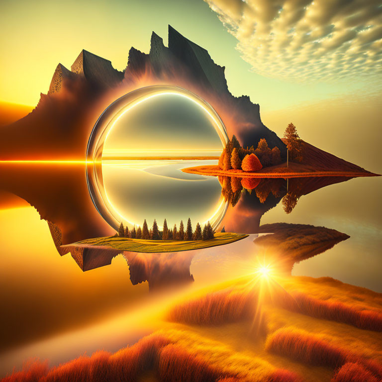 Surrealist landscape with circular portal, tranquil lake, mountains, and sunrise reflections