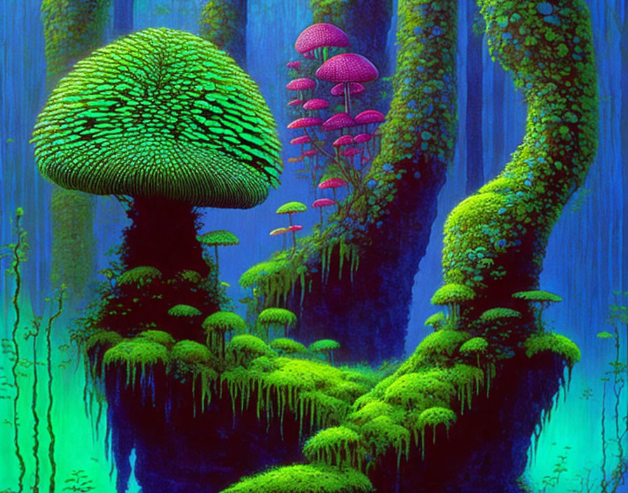 Fantastical forest scene with oversized bioluminescent mushrooms and moss-covered trees