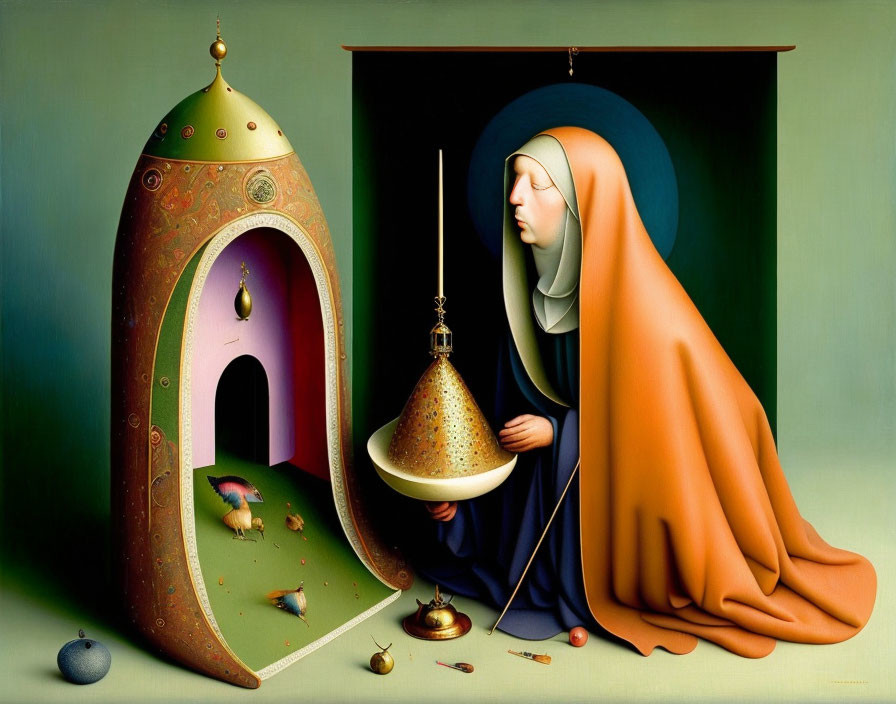 Surreal painting: nun, incense burner, colorful architecture, birds, fruits