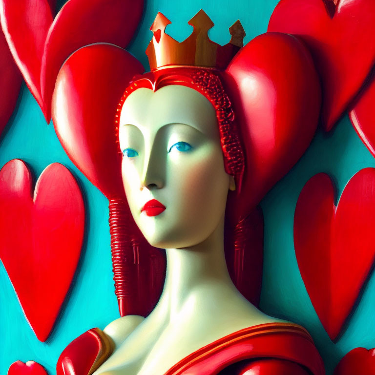 Stylized Queen of Hearts with crown and hearts on turquoise background