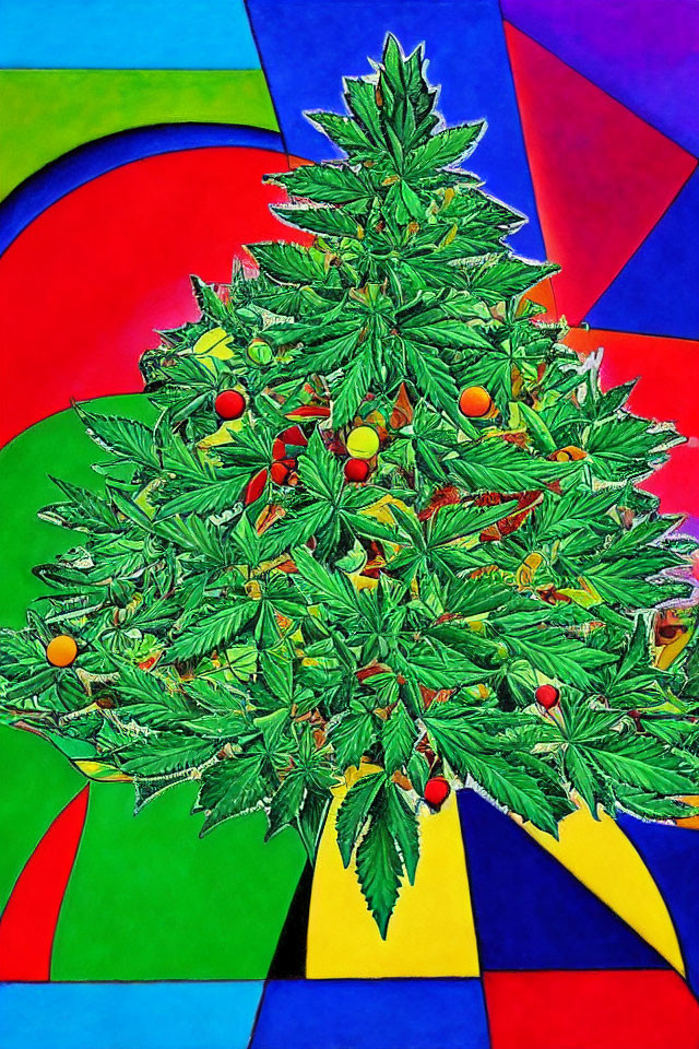 Colorful Cannabis Plant with Christmas Balls on Abstract Background
