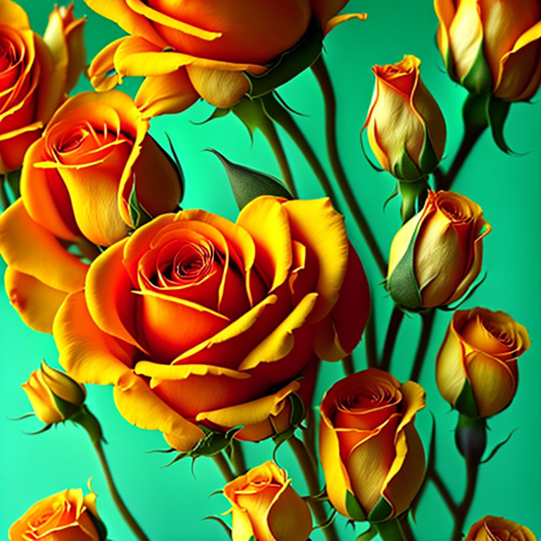 Orange-Yellow Roses in Various Bloom Stages on Teal Background