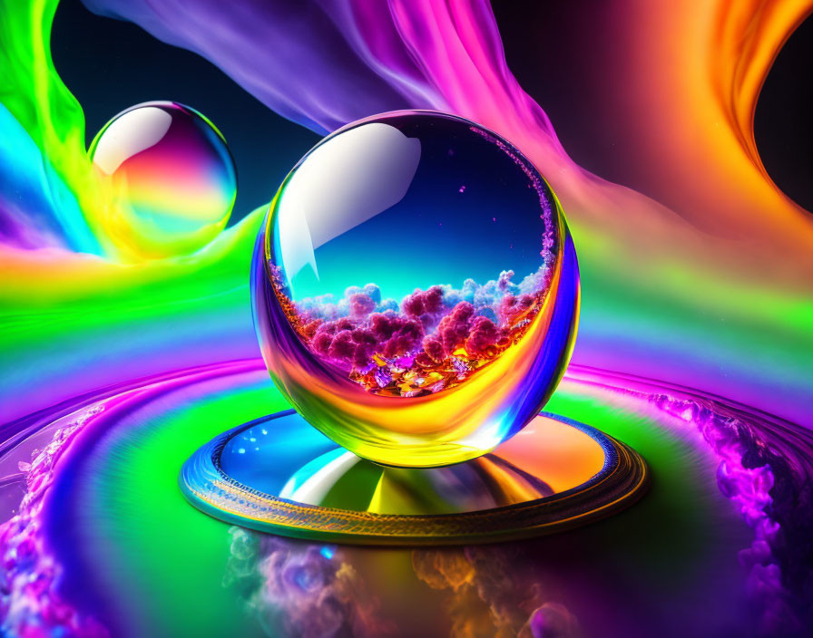 Colorful crystal ball reflects vibrant scenery with fiery backdrop.