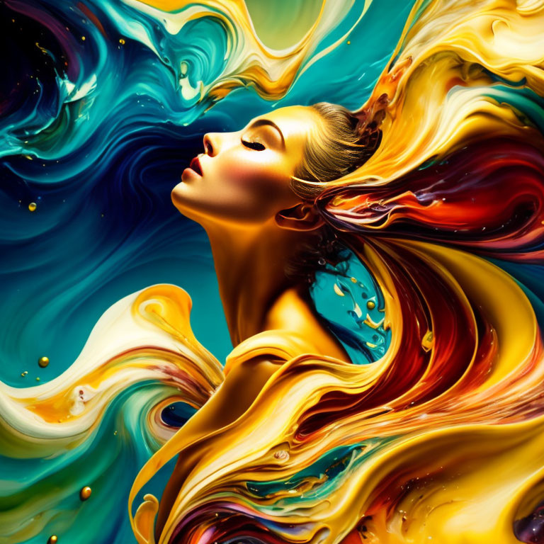 Vibrant swirling colors surrounding a woman