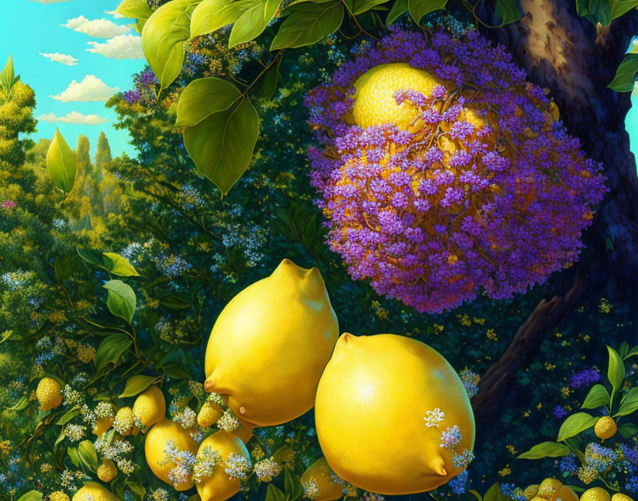 Colorful digital artwork: oversized lemons, purple tree in sunny forest
