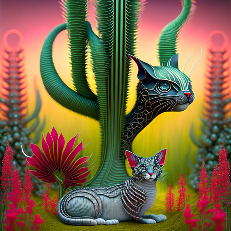Colorful Digital Artwork: Stylized Cats & Fantasy Plants