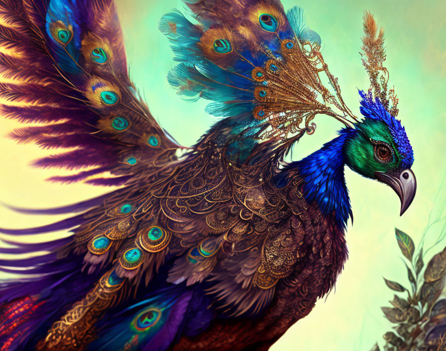 Colorful digital artwork of a peacock with intricate feathers on pastel backdrop