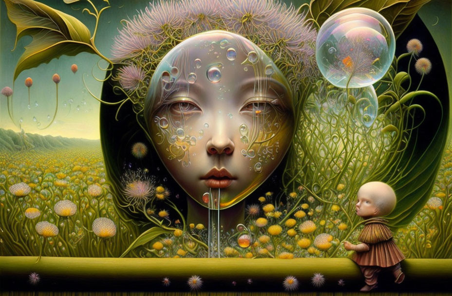 Surreal artwork: serene face, dandelion landscape, child and bubble in verdant field