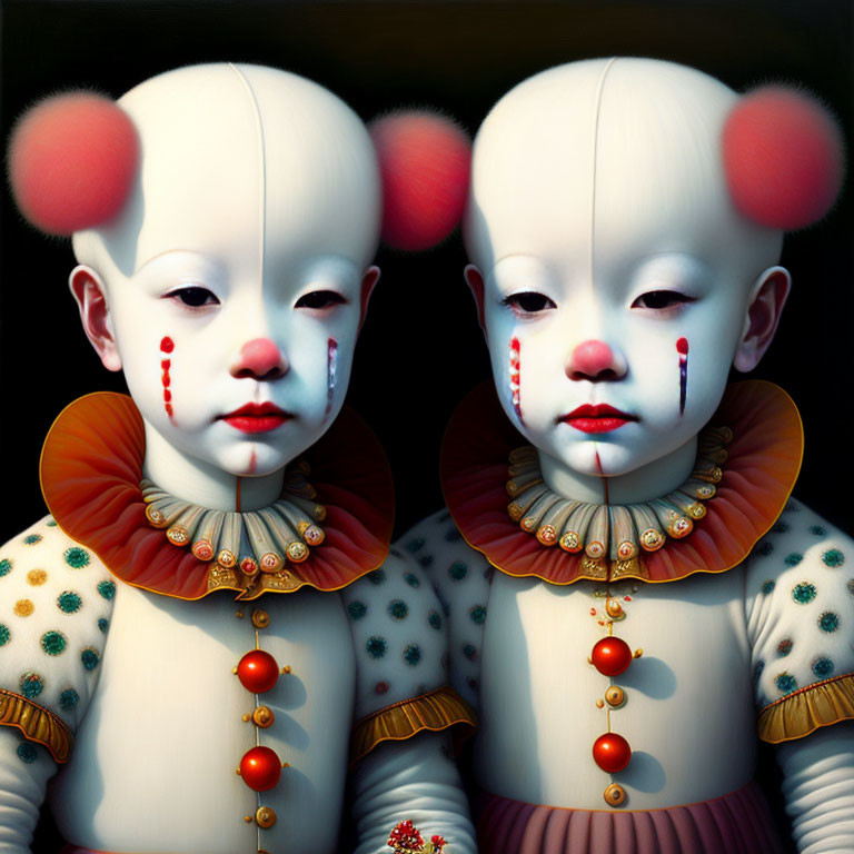 Pale-faced twin figures with red cheek circles in ornate clothing depicted in surreal style