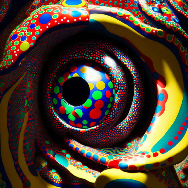 Spiraling fractal pattern with vibrant polka dots and swirling colors