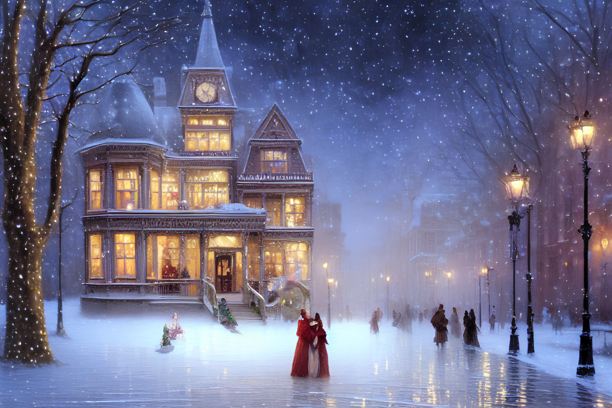 Victorian-style house at dusk in snowy evening with people walking and woman in red.