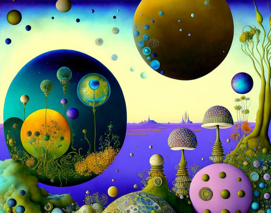 Whimsical fantasy landscape with colorful planets and mushroom-like structures