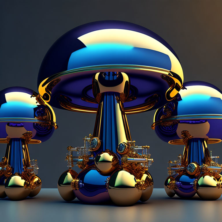 Metallic 3D Art: Blue & Gold Spheres in Futuristic Setting
