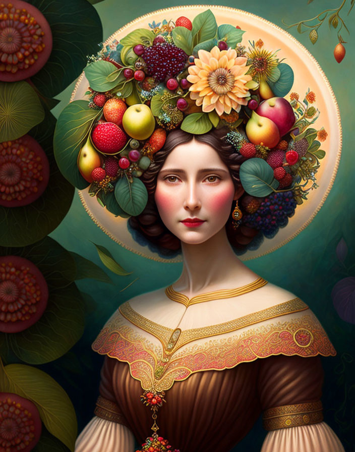 Digital portrait of woman with serene expression in vibrant, painterly style wearing lavish fruit, flower, and