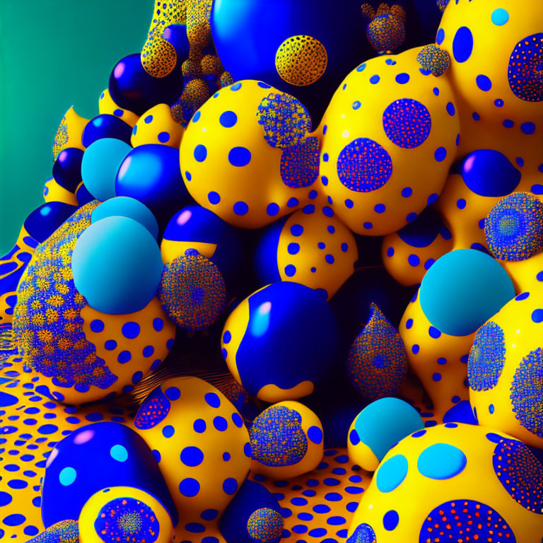 Abstract Blue and Yellow Polka Dot Spheres on Teal Background