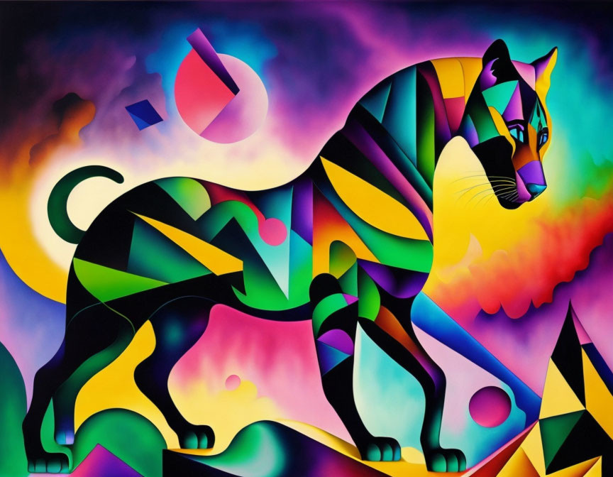 Vibrant cubist panther painting with colorful geometric shapes