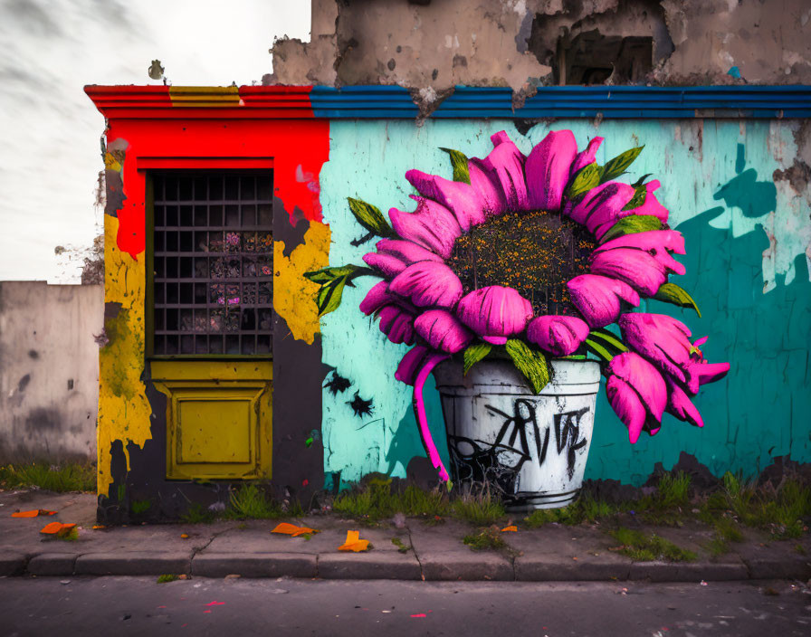 Vibrant street artwork: large pink sunflower in white pot, against weathered wall, near