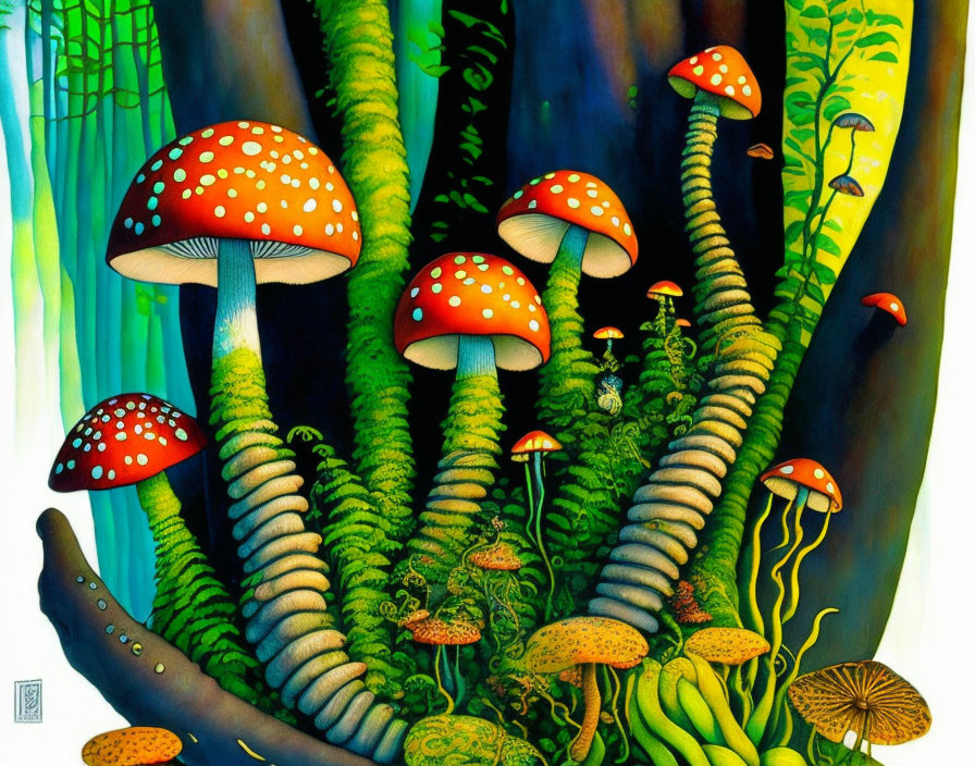 Colorful painting of oversized red-capped mushrooms in lush, fantastical forest