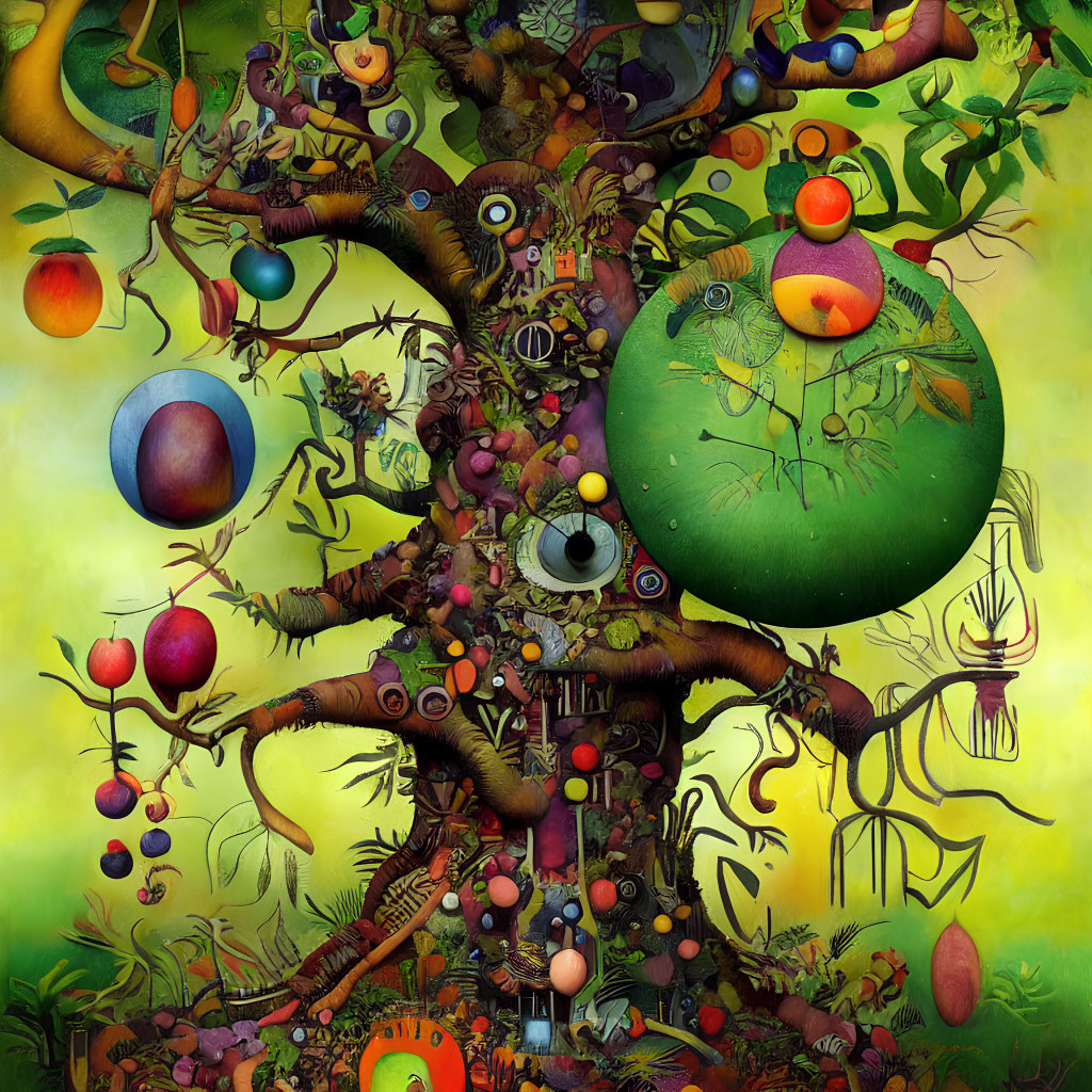 Colorful surreal artwork: vibrant tree, fantastical creatures, floating spheres.