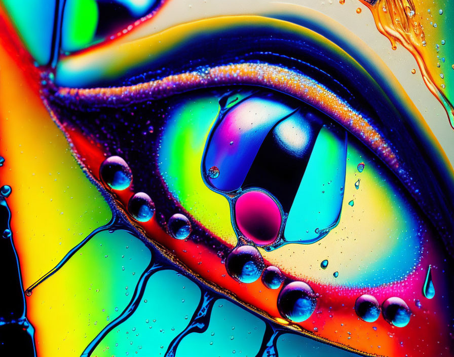 Colorful macro shot of swirling oil and water mixture with psychedelic patterns.
