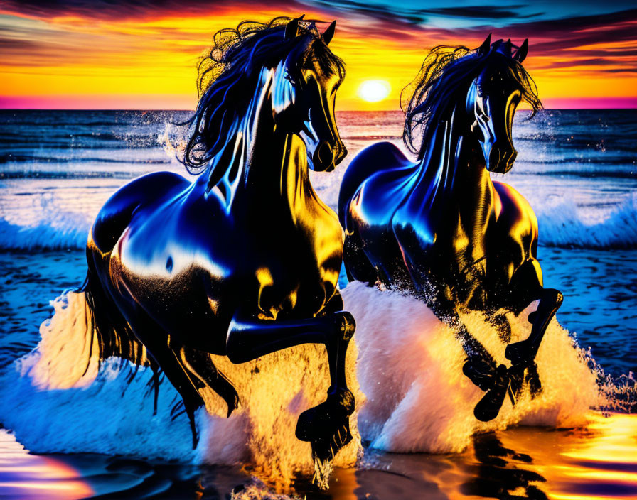 Black horses,at sunset