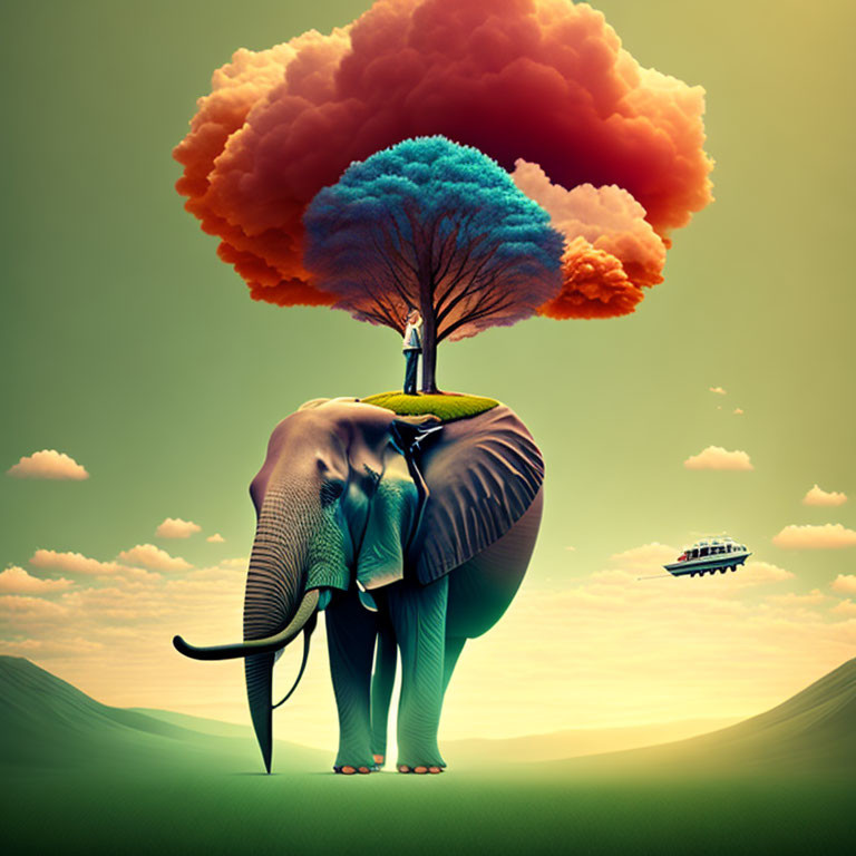 Surreal image: Elephant carrying tree, penguin on ladder, UFO in distance