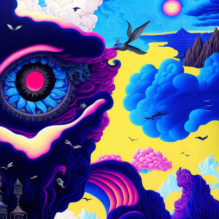Colorful Surreal Illustration: Giant Eye in Vibrant Landscape