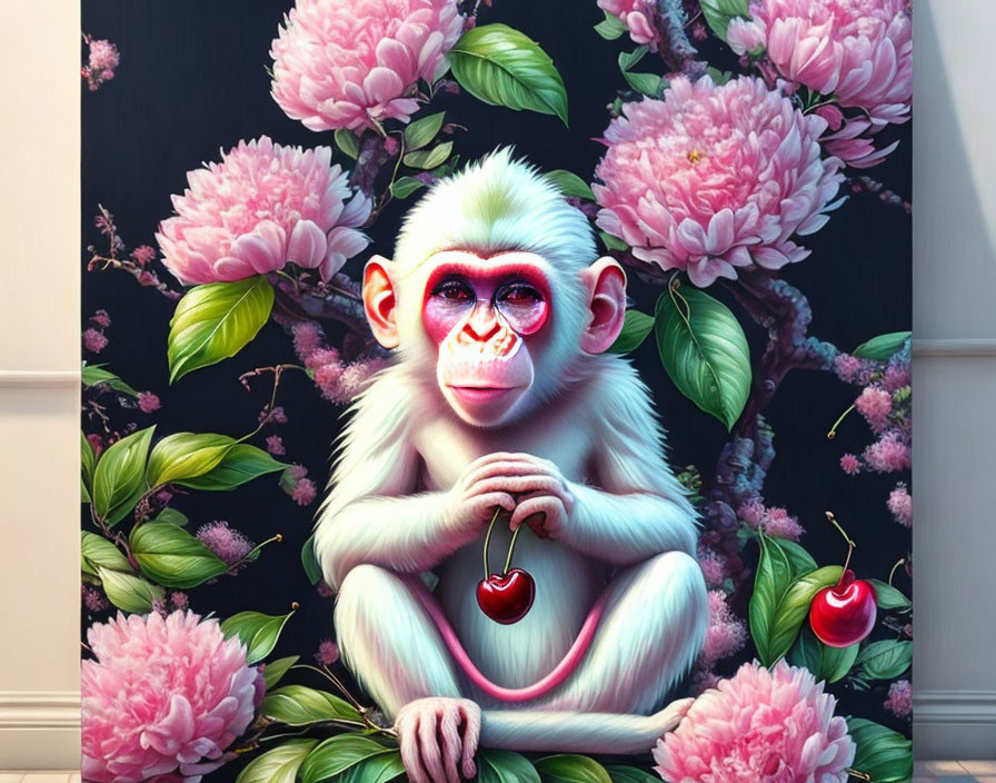 Vibrant illustration of white monkey with cherry in floral setting