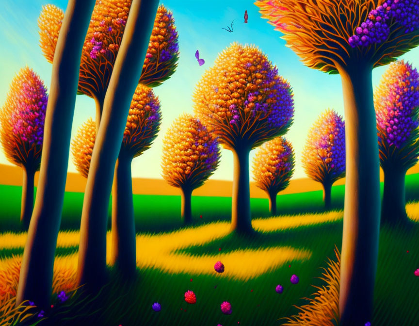 Colorful Whimsical Landscape with Trees, Butterflies, and Flowers