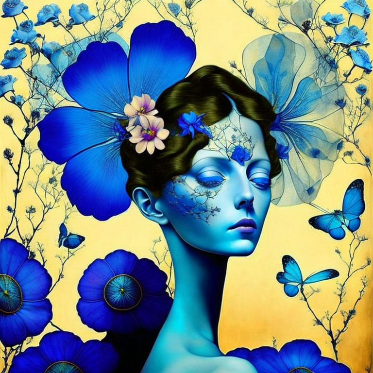Surreal blue-skinned woman's face with flowers and butterflies