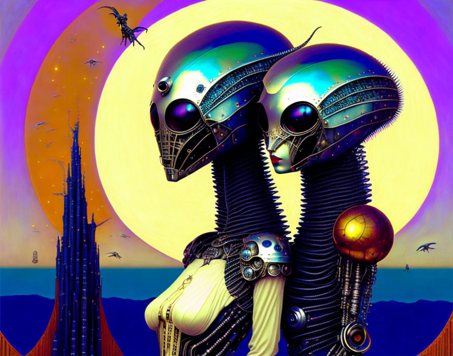 Surrealistic artwork: robotic heads, moon, structures, flying creatures