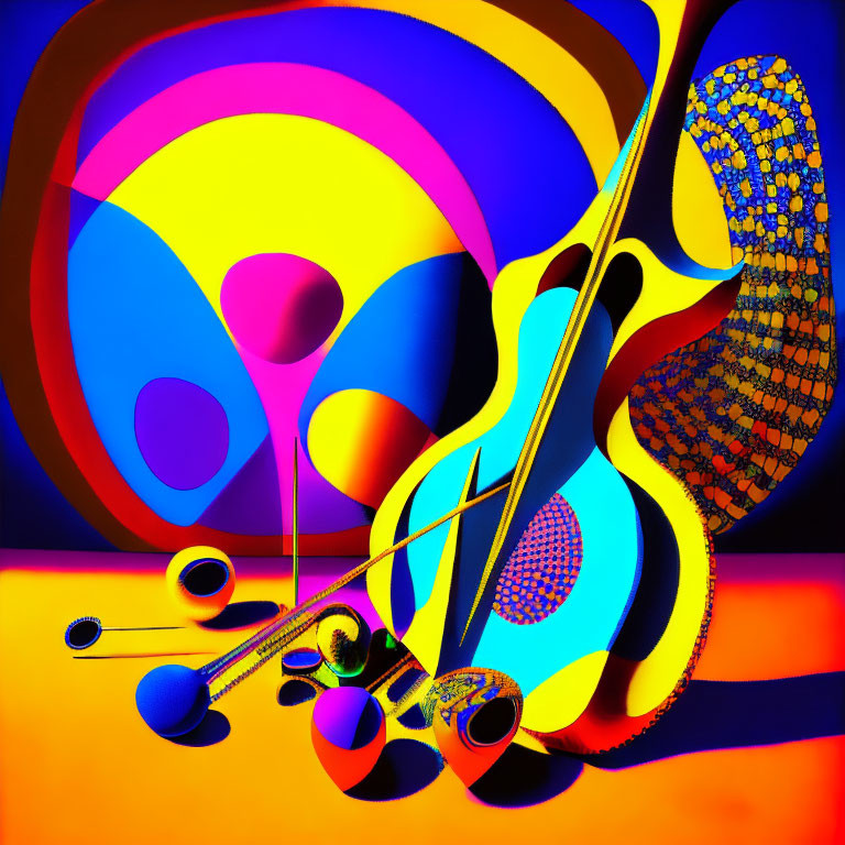 Colorful Abstract Art: Stylized Violin Among Swirling Shapes