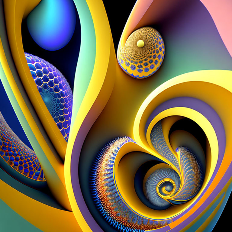 Colorful Abstract Digital Artwork with Swirling Shapes and Fractal Textures