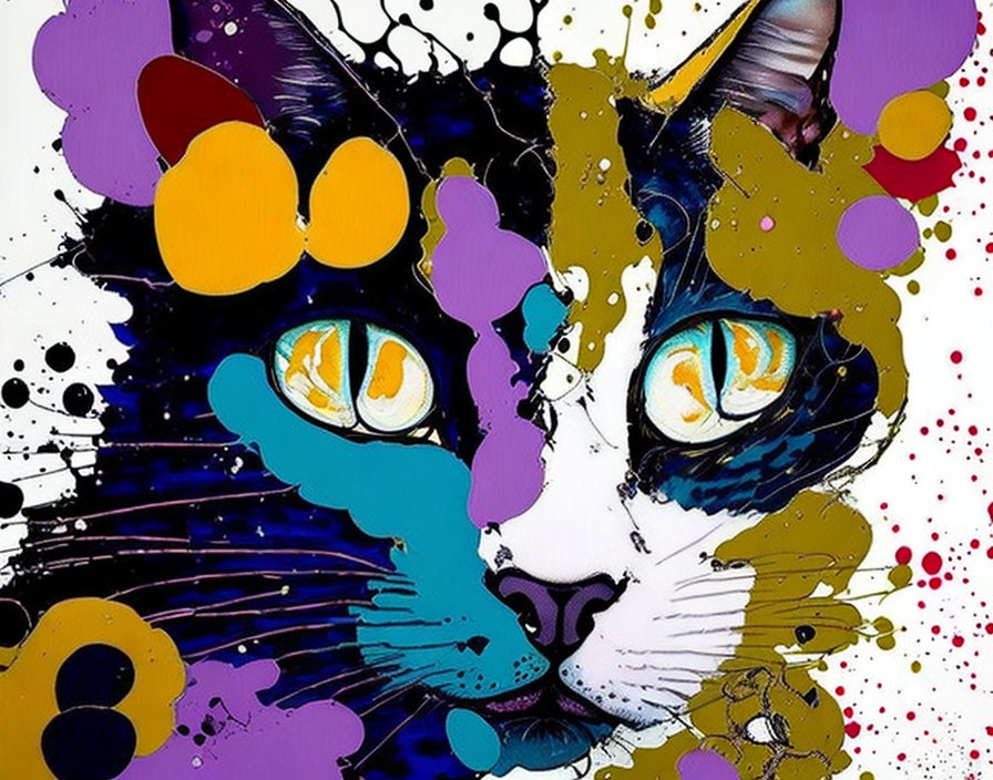 Abstract Cat Face Painting in Vibrant Colors with Purple, Yellow, and Black Splashes